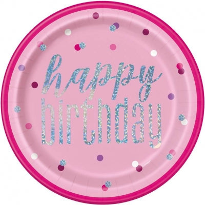 Happy Birthday Pink Glitz Holo Plate 8ct