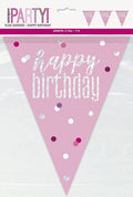Pink & Silver Flag Banner - Happy Birthday