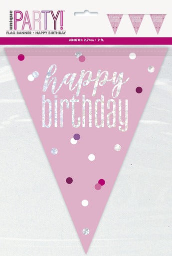 Pink & Silver Flag Banner - Happy Birthday