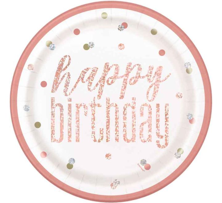 Happy Birthday Rose Gold Glitz Holo Plate 8ct