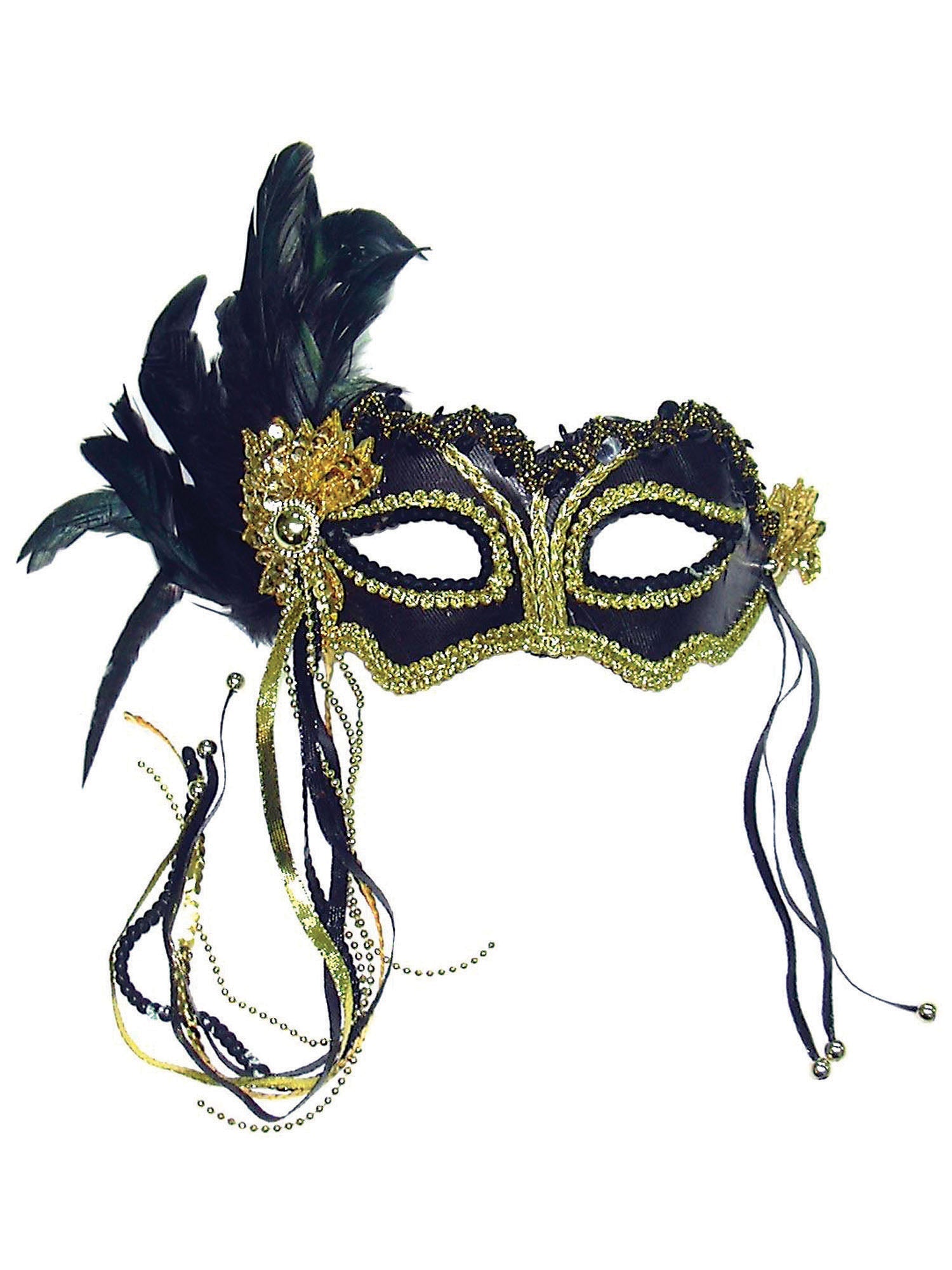 Black & Gold Mask With Side Feather
