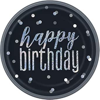 Happy Birthday Black Glitz Holo Plate 8ct