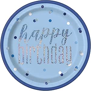 Happy Birthday Blue Glitz Holo Plate 8ct