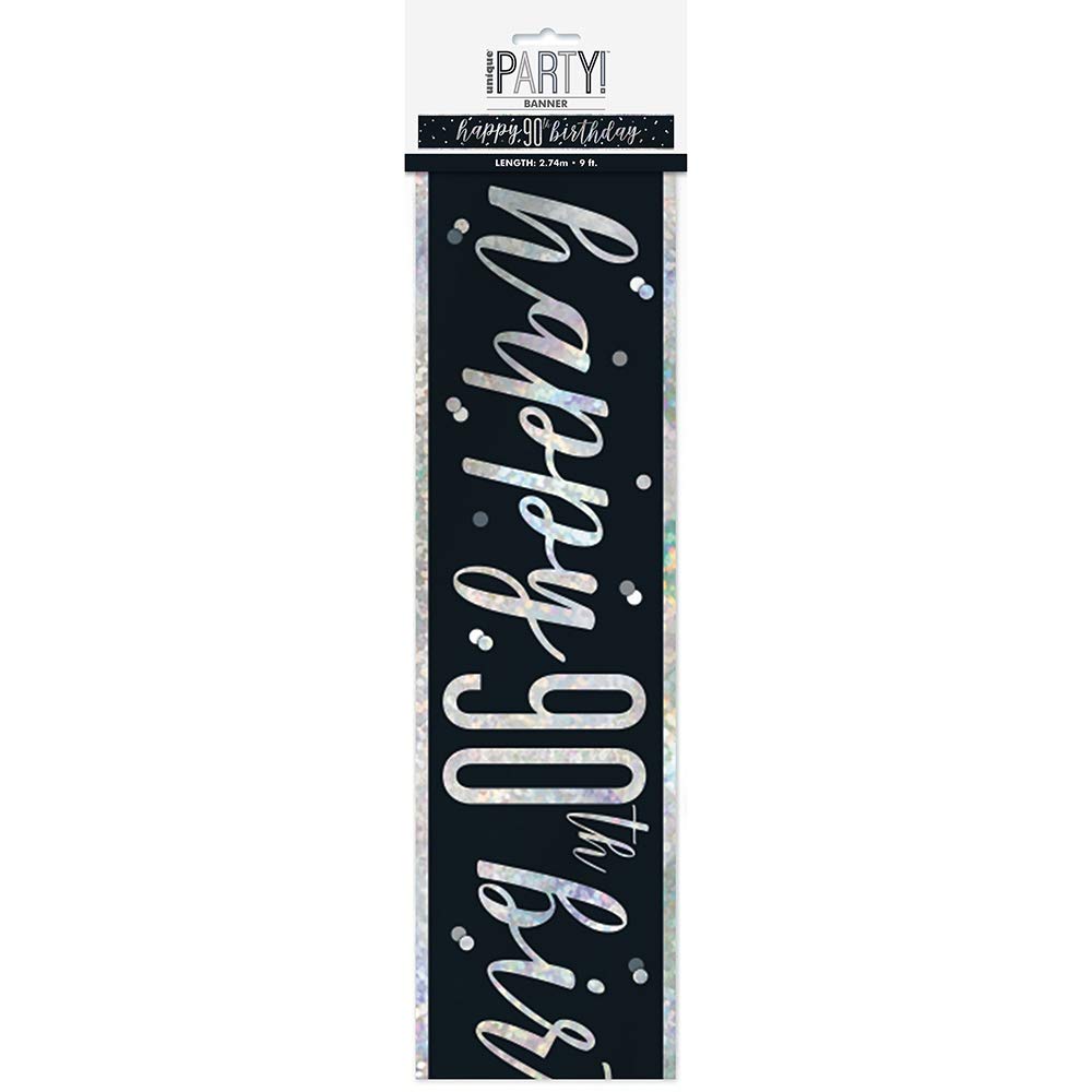 Happy 90th Banner Black & Silver 9ft