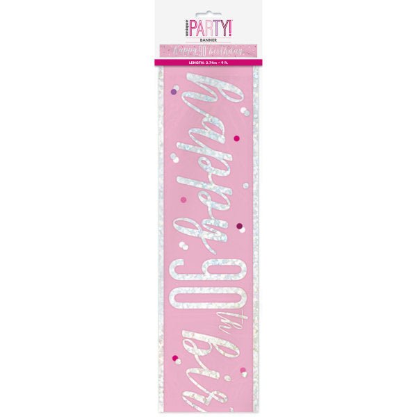 Happy 90th Banner Pink & Silver 9ft