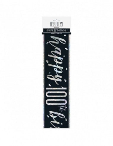 Happy 100th Banner Black & Silver 9ft