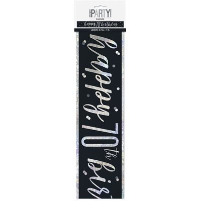 Happy 70th Birthday Banner Black & Silver 9ft
