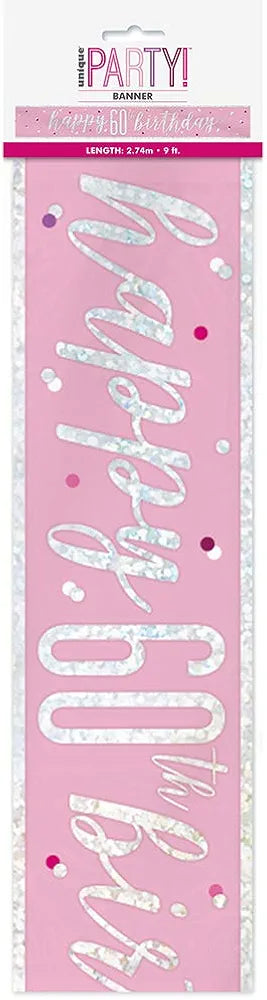 Happy 60th Birthday Banner Pink & Silver 9ft