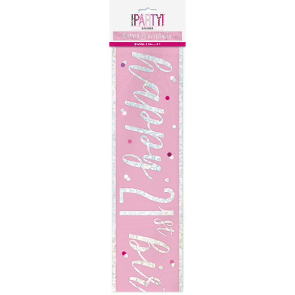 Happy 21st Birthday Banner Pink & Silver 9ft