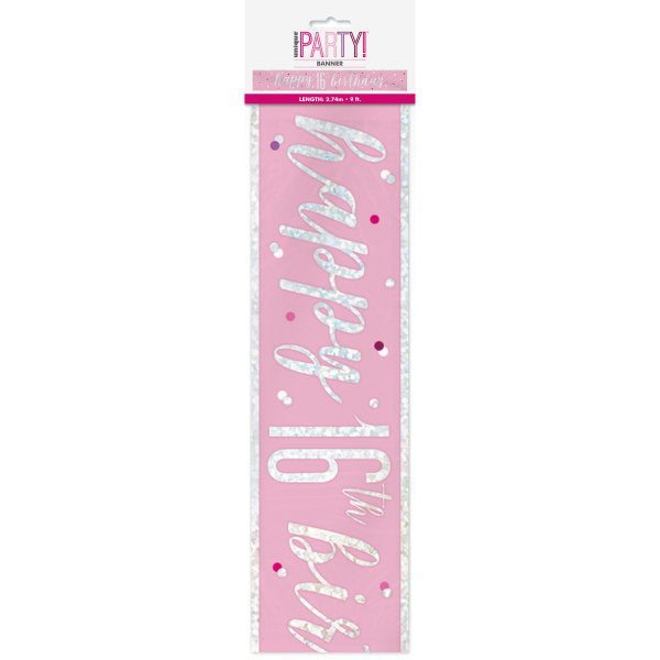 Happy 16th Birthday Banner Pink & Silver 9ft
