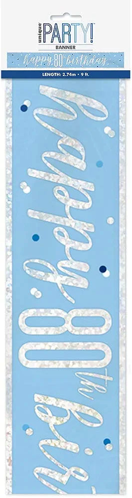 Happy 80th Birthday Banner Blue & Silver 9ft